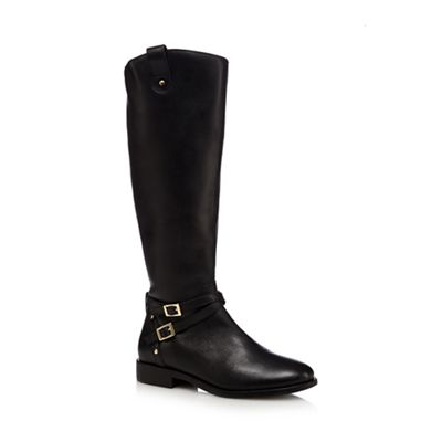 Calf length black leather hot sale boots