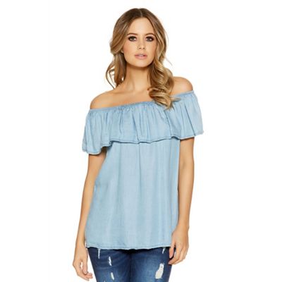 Light blue chambray frill bardot top