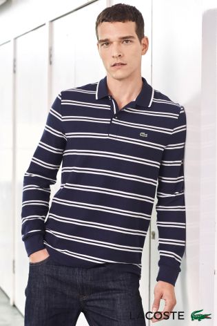 Navy Lacoste Striped Long Sleeve Polo