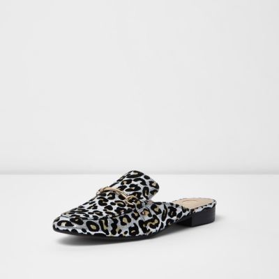 Silver leopard print backless loafers