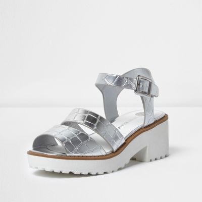 Girls silver metallic chunky sandals