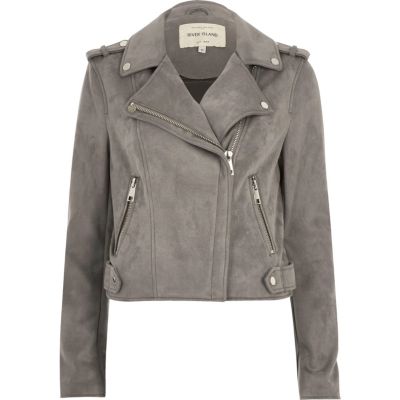 river island grey faux suede fur trim biker jacket