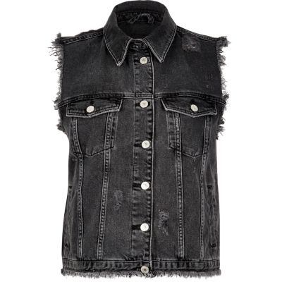 black sleeveless denim jacket